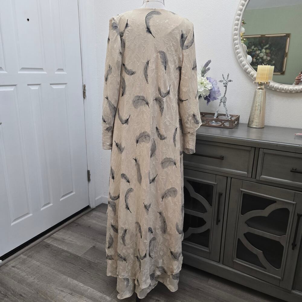 HUDA Feather Print Chiffon Maxi Dress 4 Modest Boho Tiered Beige Elegant Resort - Picture 5 of 12